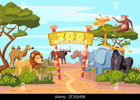 Zoo entrance gates cartoon poster with elephant giraffe lion safari animals and visitors on territory vector illustration Stock Vector
