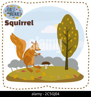 Cute cartoon squirrel on background landscape forest illustration, vector, isolated Stock Vector