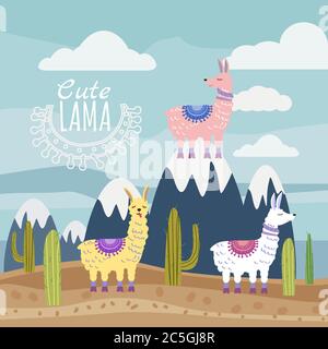 Set of Cute vector lama and cactus, mountaine landscape. Vector illustration Stock Vector