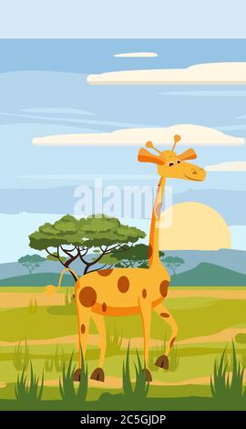 Cute Giraffe cartoon on background landscape forest illustration, vector, isolated Stock Vector