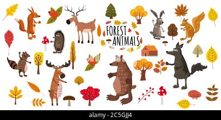 Set of cute forest animals bear, raccoon, squirrel, hare, fox, wolf, hedgehog, moose, deer, autumn leaves trees, trend modern style, vector Stock Vector