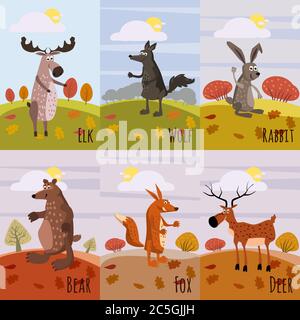 Set Cards Woodland Animals and Cute Forest Design Elements, deer, wolf, rabbit, bear, fox, elk, cartoon style, vector, isolated Stock Vector