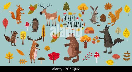 Set of cute forest animals bear, raccoon, squirrel, hare, fox, wolf, hedgehog, moose, deer, autumn leaves trees, trend modern style, vector Stock Vector