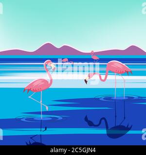 Vector illustration of pink flamingos in the lake at sunset, isolated Stock Vector