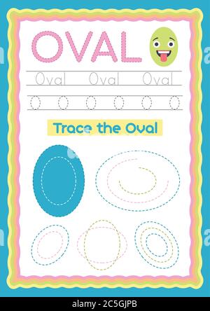 Preschool Colorful oval Shape, Tracing and writing daily printable A4 practice worksheet - vector illustration exercise for kids Stock Vector