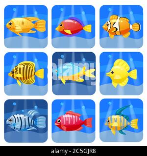 Cartoon trendy colorful reef animals big set. Fishes, mammal, crustaceans.Dolphin and shark, octopus, crab, starfish, jellyfish. Tropic reef coral Stock Vector