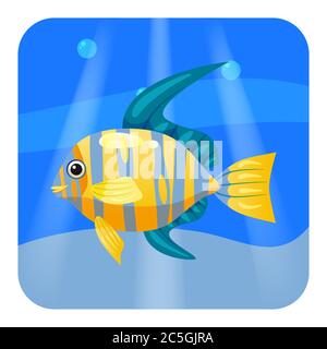 Cute beautiful yellow tropical fish, on sea background, ocean, vector, isolated, cartoon style Stock Vector
