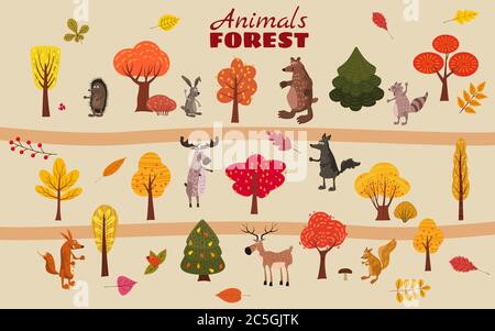 Set of cute forest animals bear, raccoon, squirrel, hare, fox, wolf, hedgehog, moose, deer, autumn leaves trees, trend modern style, vector Stock Vector