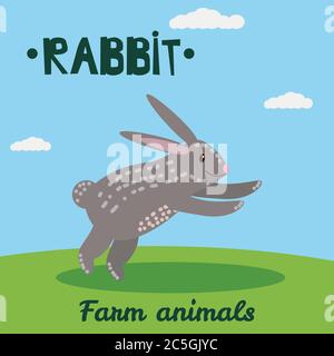 Cute Rabbit farm animal character, farm animals, vector illustration on field background. Cartoon style, isolated Stock Vector