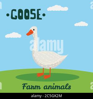 Cute Goose farm animal character, farm animals, vector illustration on field background. Cartoon style, isolated Stock Vector