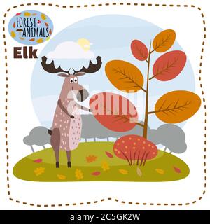 Cute cartoon elk on background landscape forest illustration, vector, isolated Stock Vector