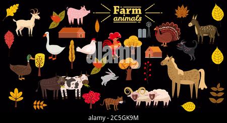 Big set of farm animals, pig, rabbit, cow, bull, cat, dog, goose, duck, turkey, donkey, goat, sheep, ram, modern stylized trees and leaves, autumn Stock Vector