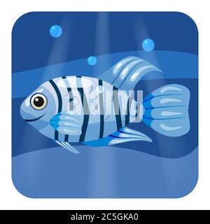 Cute beautiful blue tropical fish, on sea background, ocean, vector, isolated, cartoon style Stock Vector