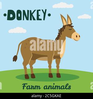 Cute Donkey farm animal character, farm animals, vector illustration on field background. Cartoon style, isolated Stock Vector