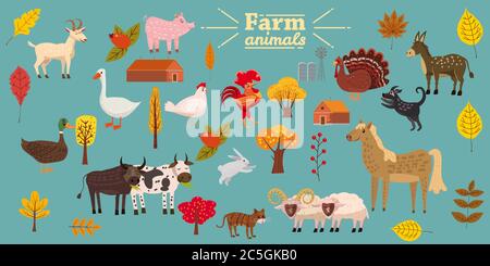 Big set of farm animals, pig, rabbit, cow, bull, cat, dog, goose, duck, turkey, donkey, goat, sheep, ram, modern stylized trees and leaves, autumn Stock Vector