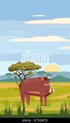 Wild boar cute cartoon style in background savannah Africa, isolated, vector Stock Vector