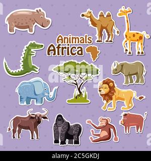 Set of cute African animals stickers, cartoon style, isolated, vector, illustration Stock Vector