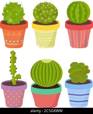 Vector set of cactus cacti aloe succulent plants in pot. Collection of flat styled hand drawn exotic houseplant. Cute illustration isolated on white. Stock Vector