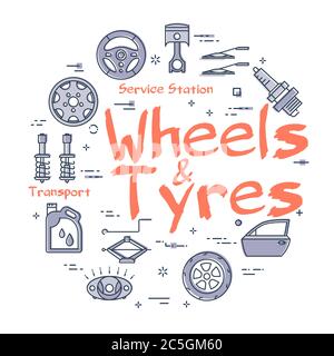 Vector line round banner of wheels and tyres Stock Vector