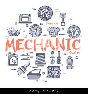 Vector line round banner of mechanic car parts Stock Vector