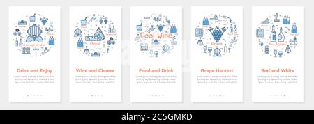 Vertical five banners with line concept of winemaking - wine and cheese Stock Vector