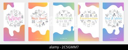 Vertical five banners with line concept of winemaking - fermentation Stock Vector