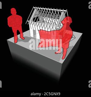 diagram of a simple detached house under construction and architect and happy smiling man standing in front of it Stock Vector