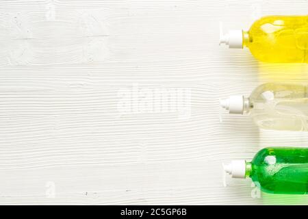 Sanitazer and soap for hands - infection disease prevention - on white table top-down space for text Stock Photo