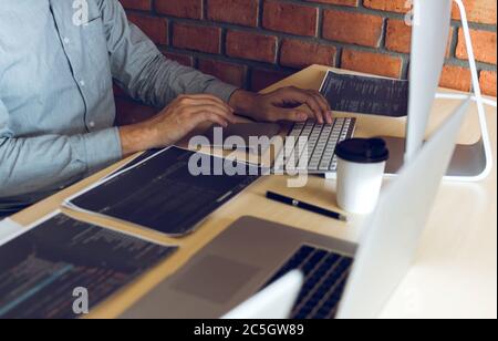 Stress developing programming looking coding technology working on computer. Stock Photo