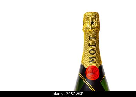Sankt-Petersburg, Russia - December 30, 2019: Bottle of Moet & Chandon champagne. Studio shot isolated on white Stock Photo