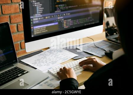 Two partnerships developing programming and coding technologies working on laptop and analyzing together. Stock Photo