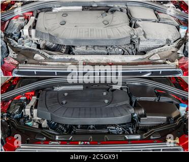 Modern Car engine, before and after cleaning maintenance, half divided picture, comparsion effect. Stock Photo