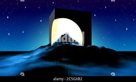 Abstract alien landscape with mysterious ruins of cube building and shiny light inside. Science fiction space landscape in 80s style Stock Vector