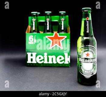 Sankt-Petersburg, Russia, Fenruary 02, 2020: Six pack of Heineken light lager beer on black background Stock Photo