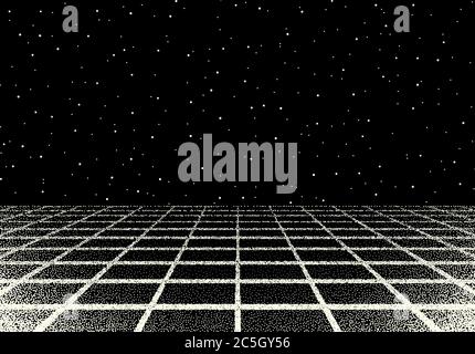 Retro dotwork landscape with 80s styled laser grid and stars background from old sci-fi book or poster Stock Vector
