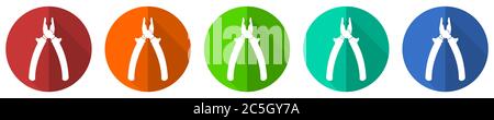 Pliers tool, equipment icon set, red, blue, green and orange flat design web buttons isolated on white background, vector illustration Stock Vector