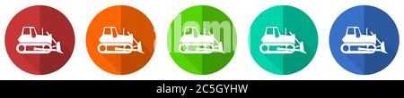 Bulldozer icon set, heavy machine, tractor, red, blue, green and orange flat design web buttons isolated on white background, vector illustration Stock Vector