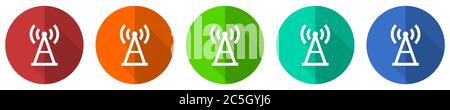 Antenna, signal icon set, red, blue, green and orange flat design web buttons isolated on white background, vector illustration Stock Vector