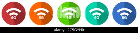 5G internet wireless communication, network icon set, red, blue, green and orange flat design web buttons isolated on white background, vector illustr Stock Vector