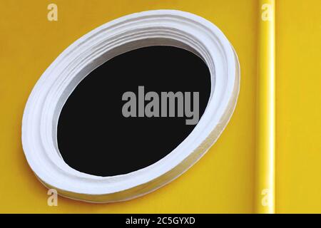 Abstract Minimalist Architecture, house facade with circular glass window,  conceptual background Stock Photo
