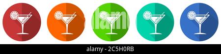 Tropical drink, alcohol, bar, martini in glass icon set, red, blue, green and orange flat design web buttons isolated on white background, vector illu Stock Vector