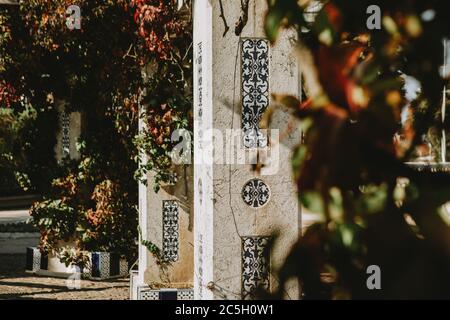 Spanish typical blue floral ornaments on tiles on white stone columns in spain park covered with green and red leaves of a plant. Stock Photo