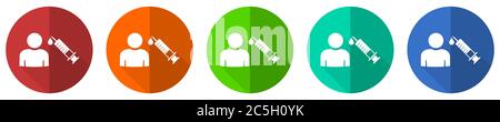 Vaccination icon set, red, blue, green and orange flat design web buttons isolated on white background, vector illustration Stock Vector