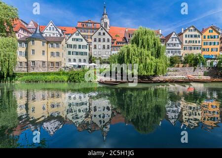 View of the historic old town of Tübingen, Germany with scenic reflection of the houses in the water