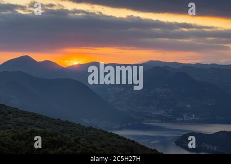 A view from Colmi di Polaveno at sunset over Tavernola Bergamasca, Polaveno, Iseo lake, Bergamo, Lombardy, Italy, Southern Europe Stock Photo