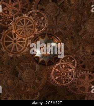 Steampunk rusty background with lots of cogwheels Stock Photo