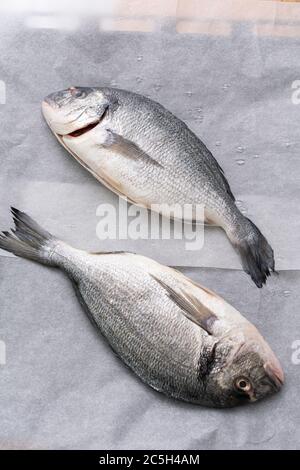 Dorado sea fish ready to cook. Raw fish with lemon, oil Stock Photo