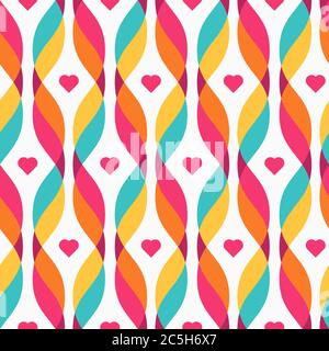 Design elements - tangled colorful waves and small pink hearts. Seamless background. Vector illustration. Stock Vector