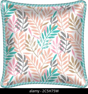 Decorative throw pillow with leaves pattern applied. Patterned cushion. Tropical leaves foliage pattern. Vector illustration. Stock Vector