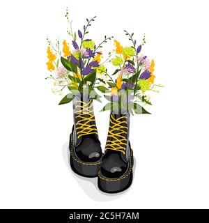 Trendy black boots with yellow lacing, colorful flowers, isolated on white, vector illustration EPS 10 Stock Vector